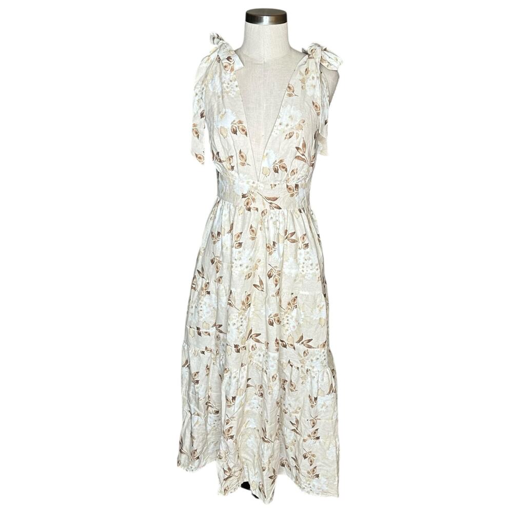 HOUSE OF HARLOW 1960 Tan Brown Cream Linen Tiered Midi Dress‎ Floral Women's S